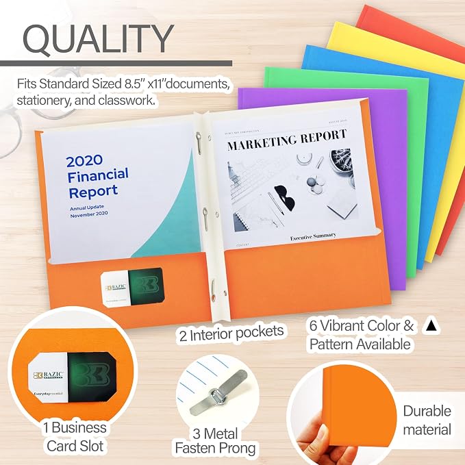 BAZIC Products Asst. Color 2-Pocket Portfolios with 3-Prong Fastener, for Filing Office Home, Set of 10