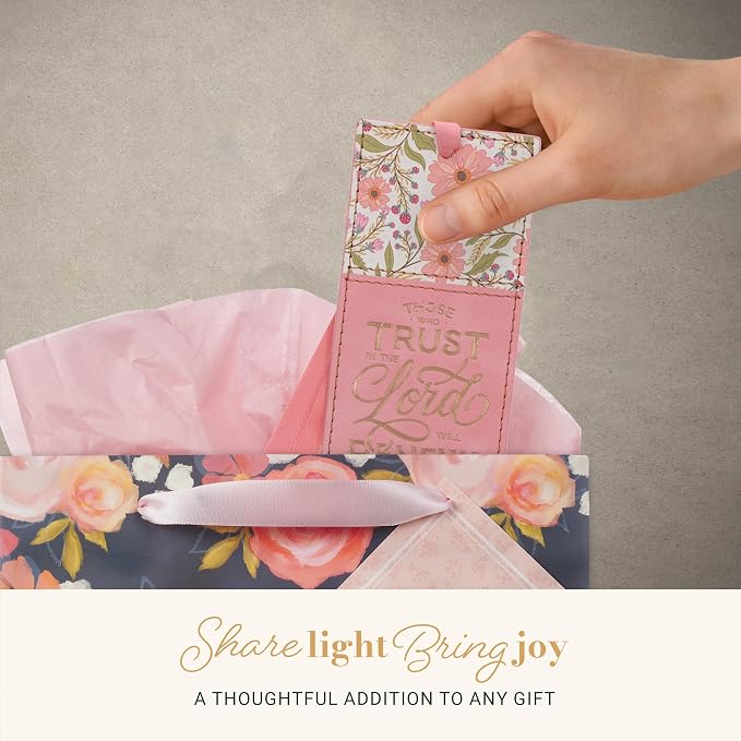 Christian Art Gifts Premium Faux Leather Inspirational Scripture Bookmark for Women: Trust in the Lord Encouraging Bible Verse, Multicolor Coral Pink Floral Design w/Gold, Cute Satin Ribbon Markers