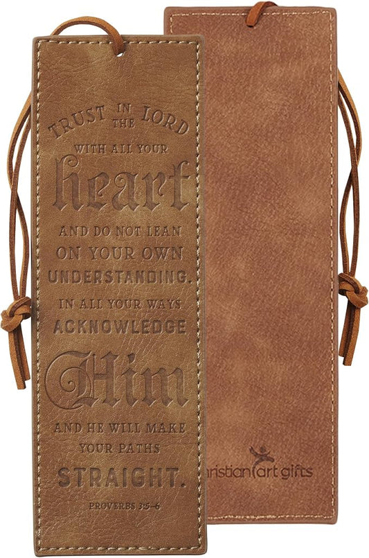 Christian Art Gifts Premium Faux Leather Scripture Bookmark for Men & Women: Trust in The Lord - Proverbs 3:5-6 Inspirational Bible Verse, Heat-Debossed, Brown with Cord Tassel, Reading Book Accessory
