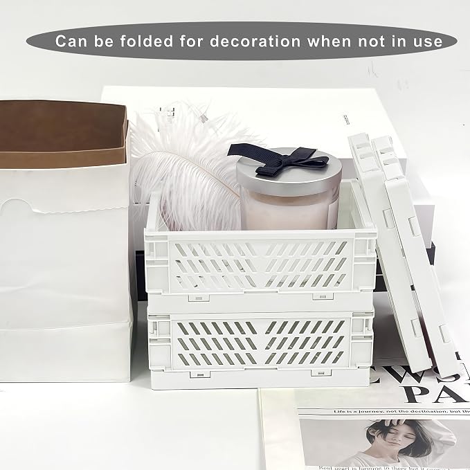 6 Pack Mini Foldable Small Plastic Baskets for Organizing and Storage，Collapsible Storage Crates,Mini Bins for Home Kitchen Bedroom Bathroom Office (White, Small 6x4x2.2)