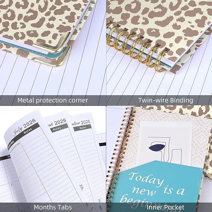 2026 Planner, Jan.2026 - Dec.2026 Planner Weekly and Monthly 6.25"x8.5" with Page Tabs, Calendar Hardcover with Inner Pocket, Elastic Band, Twin-Wire Binding, Bookmark, Brown Leopard