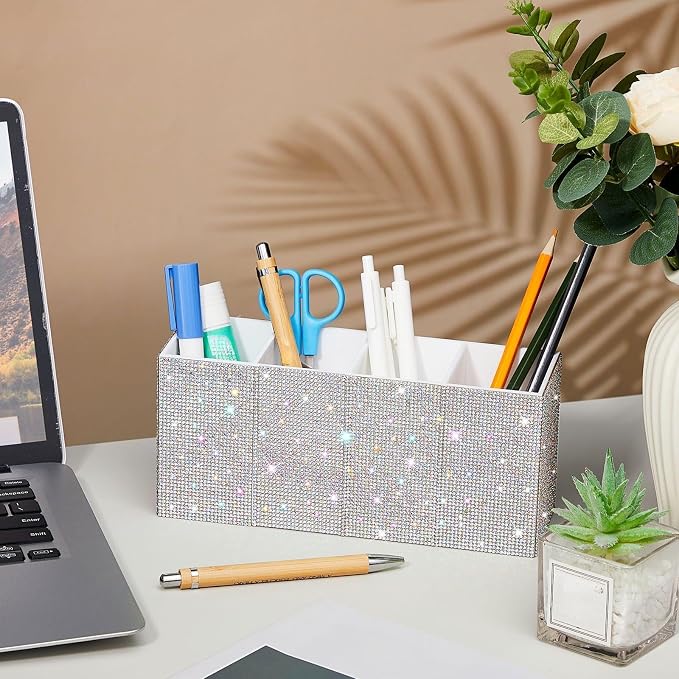 Bling Desk Organizer for Women, Rhinestone Pen Makeup Brush Holder, Girly Desk Accessories Organizer for Office Classroom Elevate Your Workspace with Serenity(Rhinestone,White)