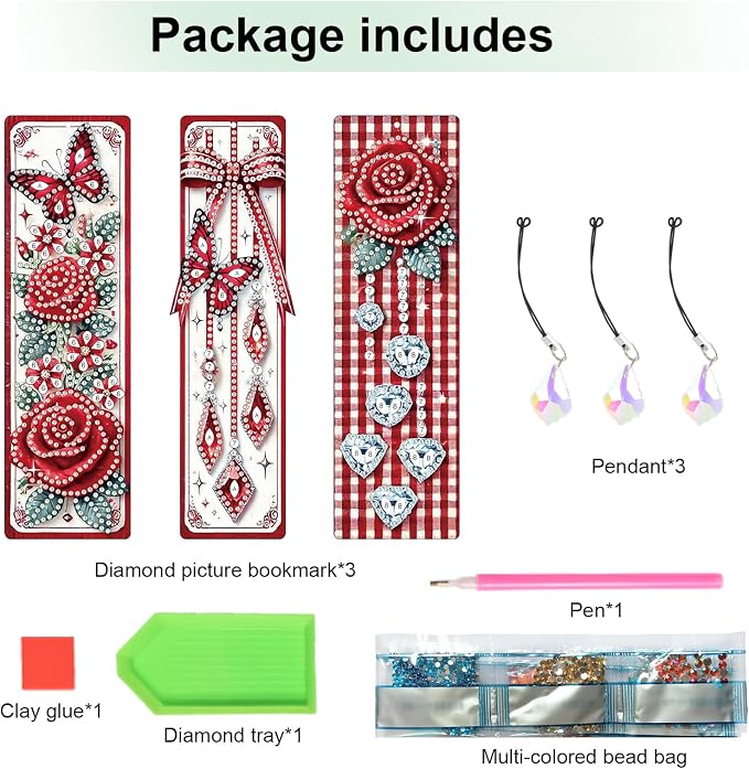 Tontut 3pcs Diamond Art Painting Kit Bookmark, Bow Rose Exquisite General DIY Bookmark, Lightweight and Durable, Suitable for Reading Lovers