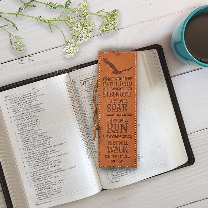 Christian Art Gifts Vegan Faux Leather Scripture Bookmark for Men: Hope in The Lord - Isaiah 40:31 Inspirational Bible Verse, Heat-Debossed, Faith-Based Reading Book Accessory with Cord Tassel, Brown