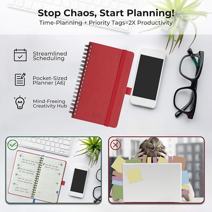 Planner 2026 Daily Weekly and Monthly,6.5"x3.75",12 Months Spiral Bound Calendar Agenda with Self-adhesive Pen Holder,2026 Appointment Book with Vegan Leather Soft Cover,Red