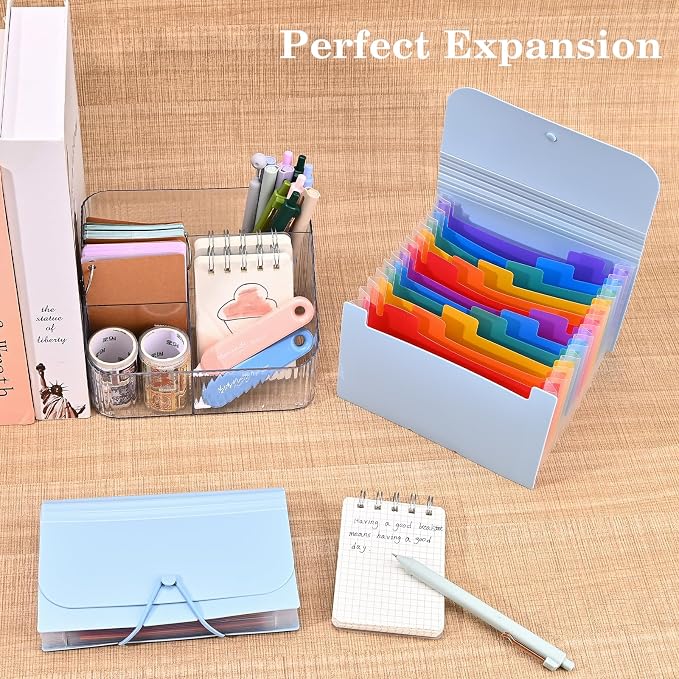2Pcs Receipt Coupon Holder Organizer, 13 Pockets Small Accordian File Organizer, Expanding File Folder with Colorful Tabs, A6 Size for Cards, Check, Tickets, Monthly Bills Storage (Blue)