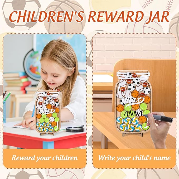 JarThenaAMCS Sport Wooden Reward Jar Wooden Sports Ball Baseball Cutouts Positive Incentive Behavior Chart with Base Management Tools for Back to School Student Teacher Classroom Supplies, 38Pcs