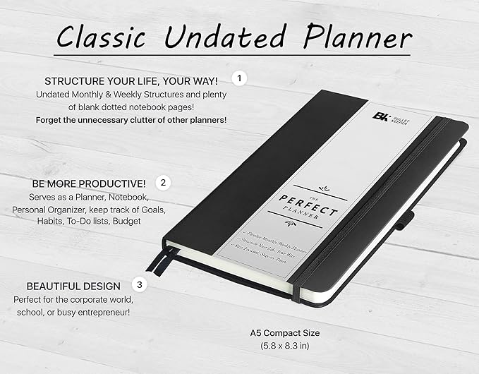 BK UNDATED Yearly Weekly/Monthly Planner 2026-27 Daily Planner Agenda & Personal Organizer to Increase Productivity, Academic Planner w/Sticker Set. A5 (5.8 x 8.3) - Black Hardcover