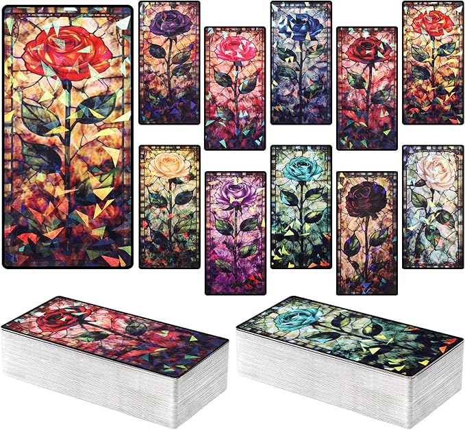 Gersoniel 200pcs Holographic Stained Glass Rose Bookmark Floral Laminated Stained Glass Flower Bookmark Gifts Art Plant Book Mark Page Clips Gifts for Bookish