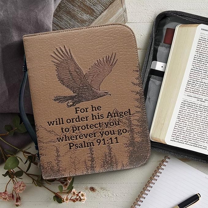 BrownPU Bible Covers for Men Large Size Bible Case Bible Bag with Leather Bookmark Set, Eagle and Scripture,Medium