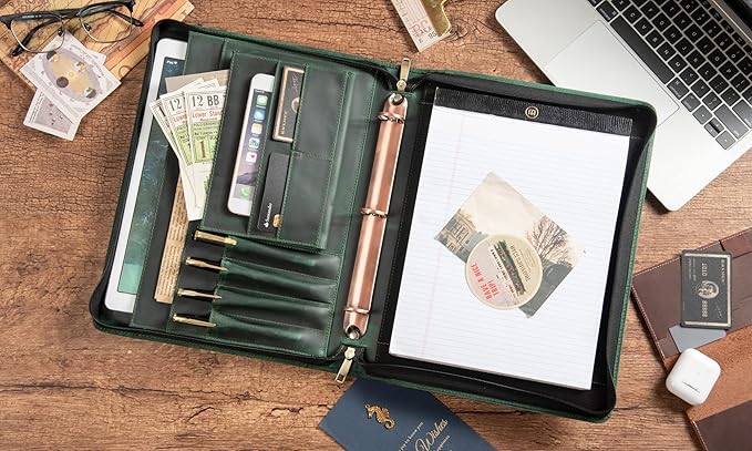 AZXCG Genuine Leather Portfolio Binder for Men& Women,Padfolio Organizer with Zipper,Padfolio Folder for iPad Pro 12.9/ Letter Size Notepad,Business Executive Gift for Men, for Valentine's Day