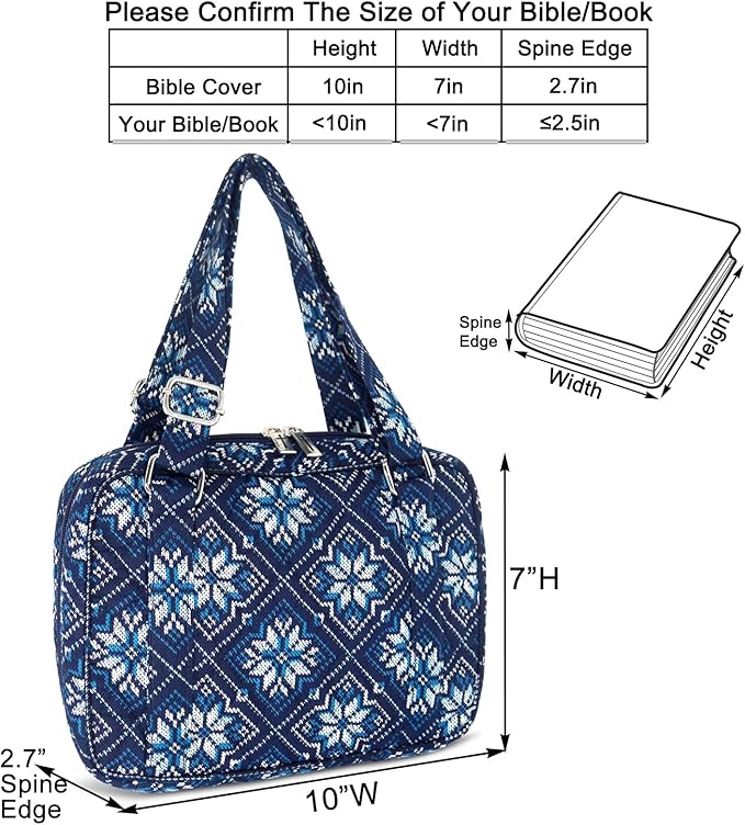 Bible Cover for Women with Adjustable Straps, Large Study Bible Carrying Case Bag with Zip Pocket, 10x7x2.7 Inches