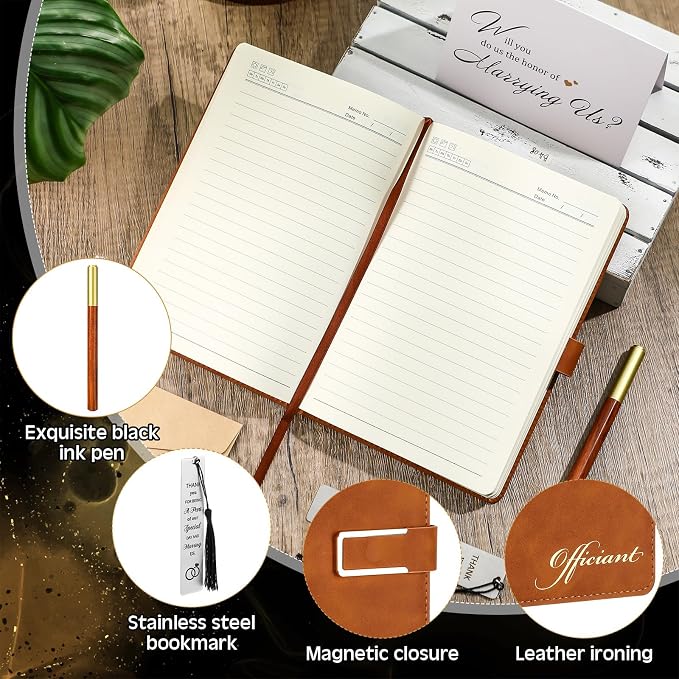 7 Pcs Officiant Gift Set Includes Leather Hardcover Proposal Officiant Book Black Ink Pen Thank You Card with Envelope and Sticker Bookmark Gift Box for Wedding(Brown)