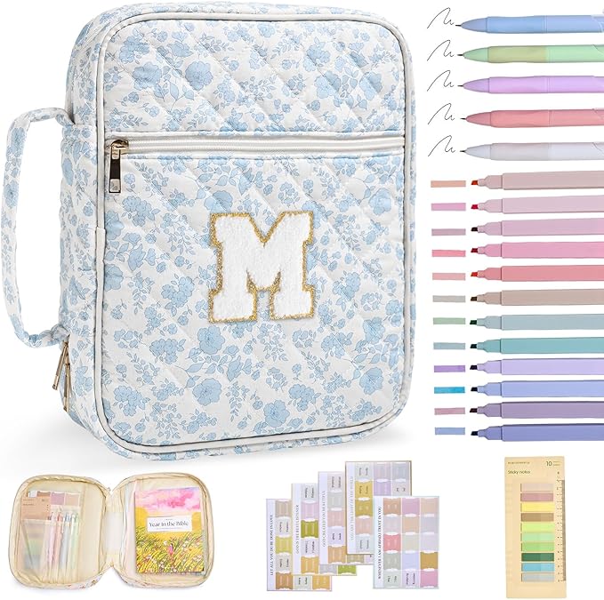 Personalized Initial Bible Cover Case for Women Girls Kid Large Bible Cover with Durable Handle Quilted Bible Carrying Case for Girls Bible Study Supplies Accessories (Blue Flower M, one Size)