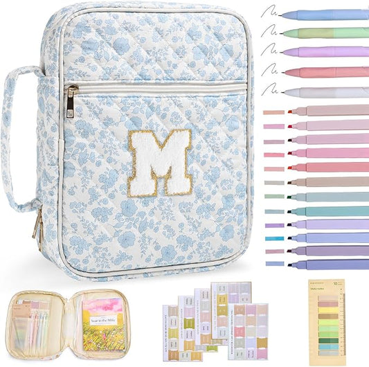 Nayno Personalized Initial Bible Cover Case for Women Girls Kid Large Bible Cover with Durable Handle Quilted Bible Carrying Case for Girls Bible Study Supplies Accessories (Blue Flower M, one size)