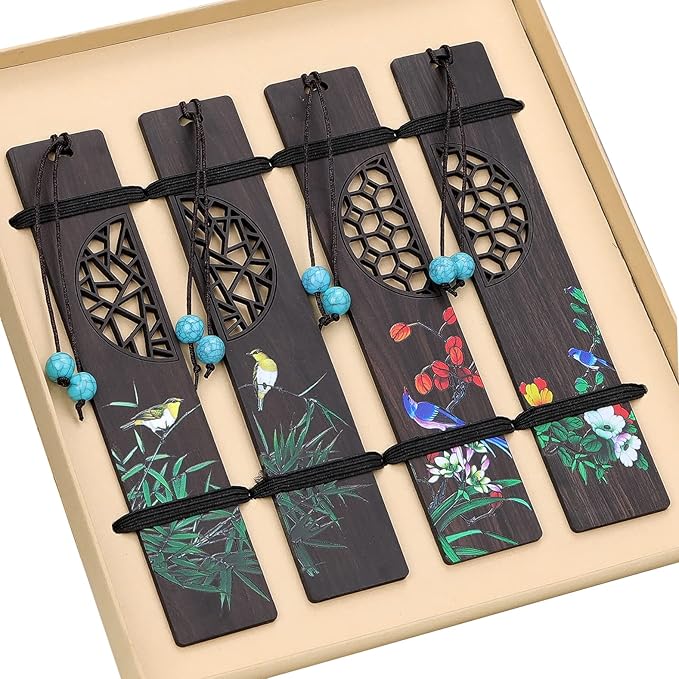 ZIZZON Wooden Bookmark for Men Women, Handmade Natural Wood Carving, Hollow Out and Painted Craft, Ideal Gifts for Men Women Friends Girls Teachers, Birthday Present (Bird and Orchid)