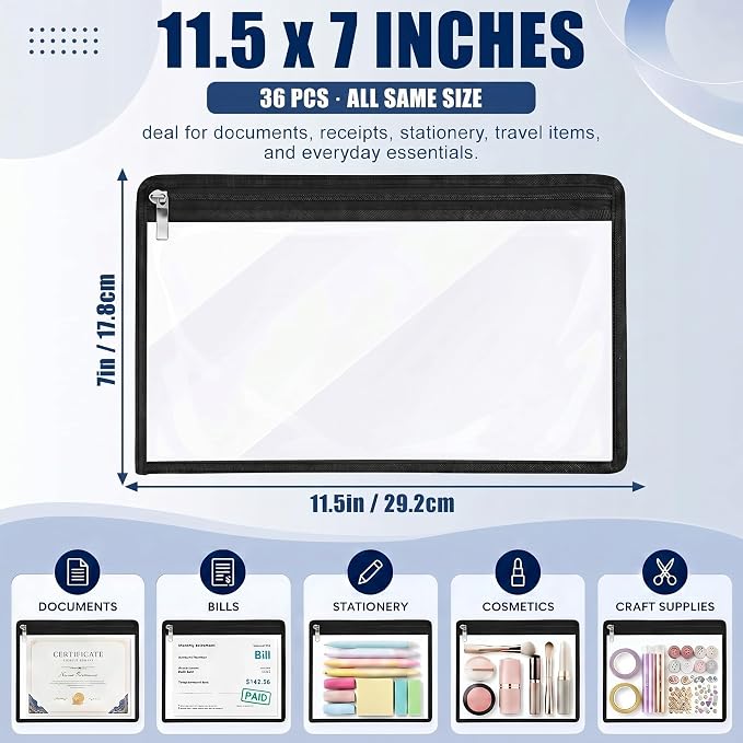 Ireer 36 Pcs Clear Zipper Pouches PVC Waterproof Pouch Bags Transparent Zipper Pouch Clear Storage Bags Multipurpose for Organizing Travel Cosmetics Document File (Black,11.5 x 7 Inch)