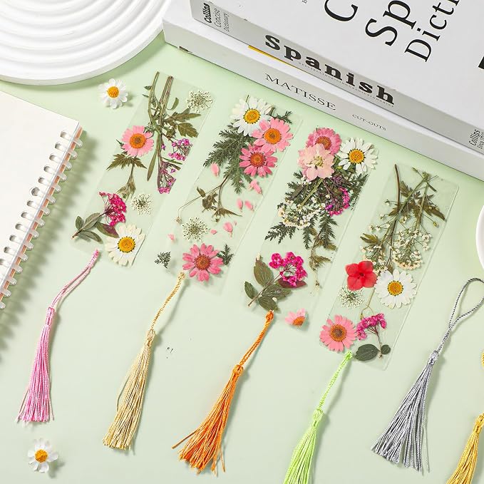 20 Sets Dried Flower Bookmark Making Kit Transparent Bookmark DIY Projects Craft Gift Bulk PET Sticker with Color Tassels and tweezer for Classroom Activities Reading Award and Book Lovers