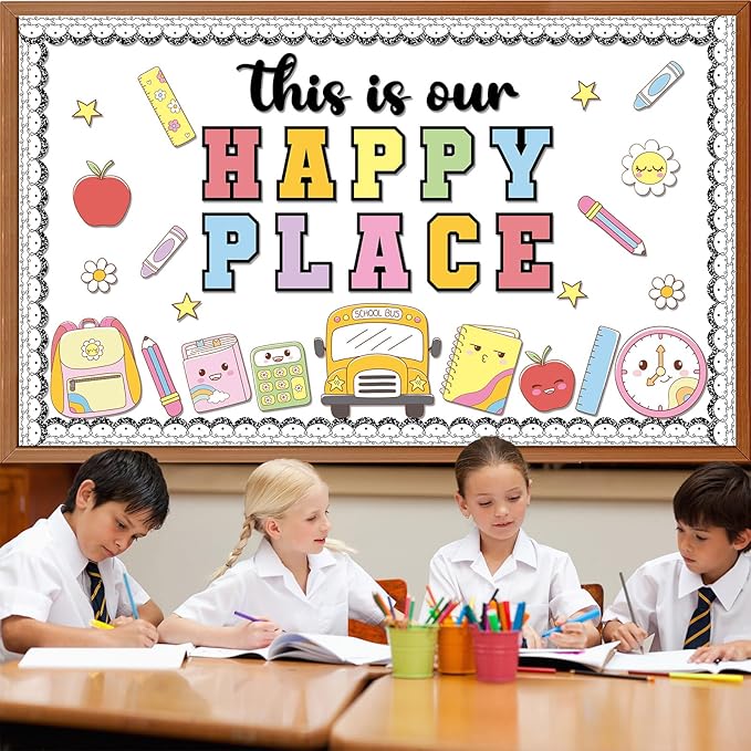Composition Notebook Bulletin Board This is Our Happy Place Classroom Decor Welcome Back to School Party Decoration Notebook Book Bag Pencils Cutouts for First Day of School Craft Classroom Wall Decor