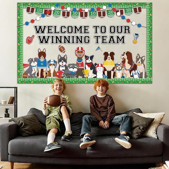 Football Pet Dog Bulletin Board Set Sports Theme Puppy Classroom Decoration Football Cute Dog Bulletin Board Sports Cutouts for School Office Game Day Party Home Chalkboard Wall Decor