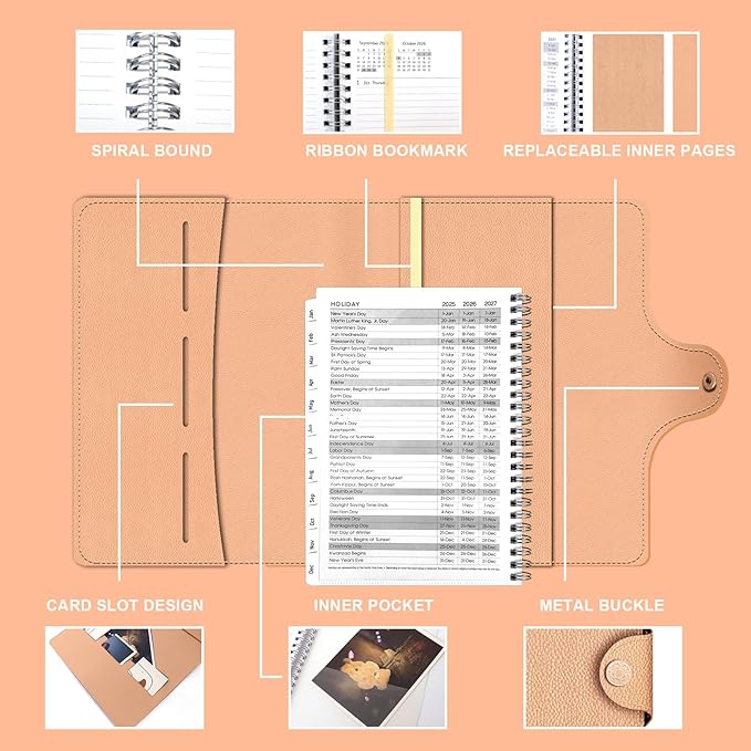 2026 Weekly & Monthly & Daily Planner from Jan 2026 - Dec 2026, 8.7" X 7", Planner Notebook 2026 with Pu Leather Cover 12 Monthly Tabs, Perfect Organizer, Rose Pink