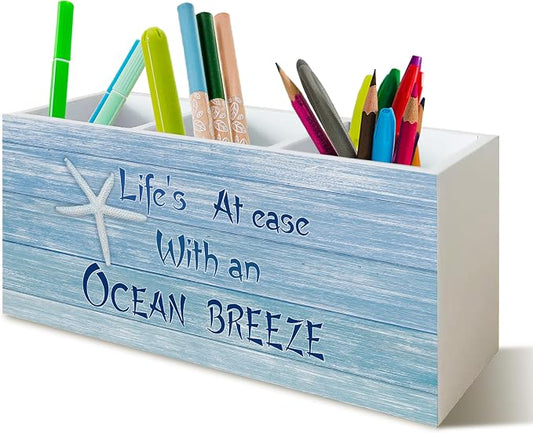 Coastal Beach Pen Pencil Holder for School Home Office Desk, Beach Decor Wooden Pencil Holder Sign Organizer for Home Office Desk Accessories, Coastal Gifts for Women Men