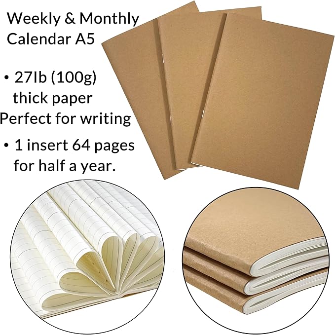 A5 Planner Jul 2026 - Dec 2027, Travelers Notebook Inserts, Travelers Notebook Calendar, Vertical Design Weekly and Monthly Calendar, 100gsm Paper, 8.3 x 5.5 in, Set of 3
