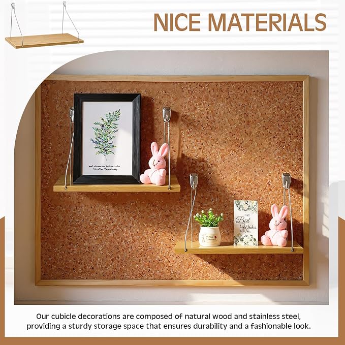 1 Pack Fabric Wall Cubicle Shelf with 40 Lbs Metal Hooks for Wall Decor, 11.8'' Solid Wooden Hanging Organizer Storage Shelf with Hangers Cubicle Accessories for Women Men Desk Office
