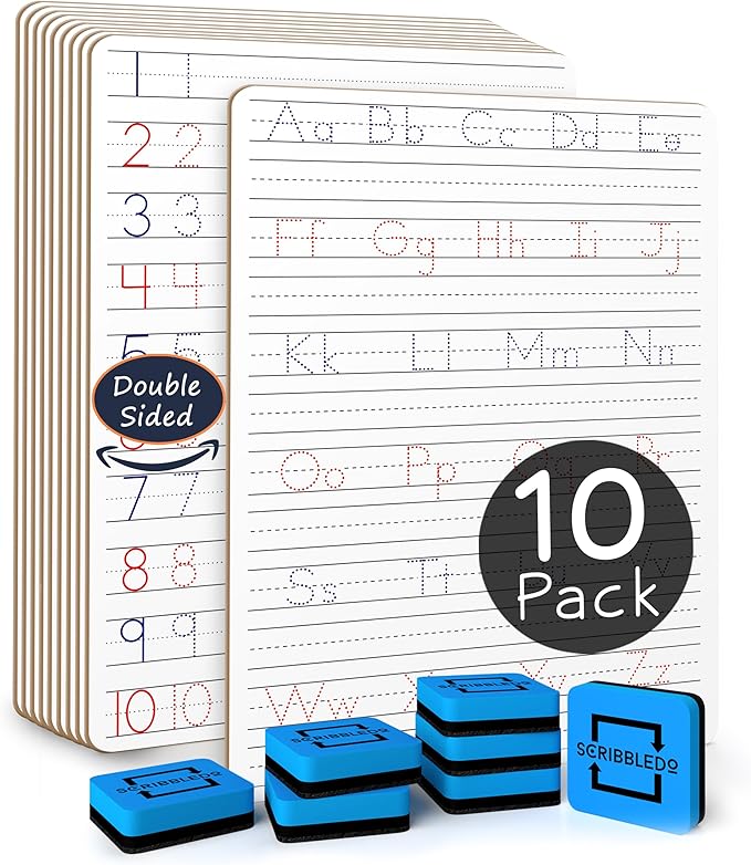 Scribbledo 10 Pack Dry Erase Handwriting Practice for Kids 9 x 12 Inch Letter Alphabet Tracing Board Whiteboard for Kids Ages 3-5 Write and Wipe Alphabet Practice Cards Letters & Erasers