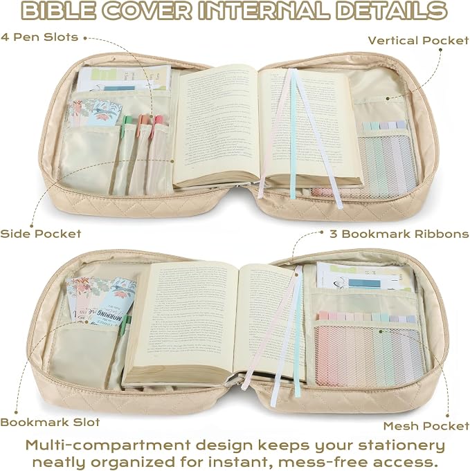 XKDOUS Quilted Bible Cover Case with Bible Study Accessories Kit, Waterproof Large Capacity Bible Bag for Women, Portable for Church Study, Multiple Morandi Color Options (Oat Beige)