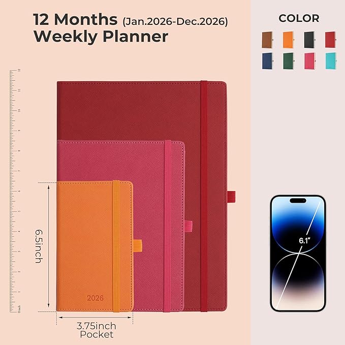 Weekly Monthly 2026 Planner (Jan.26-Dec.26),6.5"x3.75",12 Months Agenda Plan with Month Tabs & Pocket,Expenses/Note Pages, Appointment Book Calendar with Hardcover Vegan Leather Cover,Orange