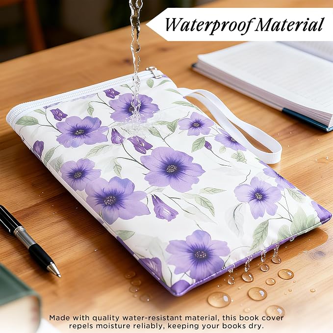 Book Sleeve with Zipper, 11''x 9'' Waterproof Paperback Sleeve for Book Lovers Books Pouch Cover with Handle for Hardcovers Kindle Sleeve for Reader Teacher Women (Purple flower, 11x 9 inch)