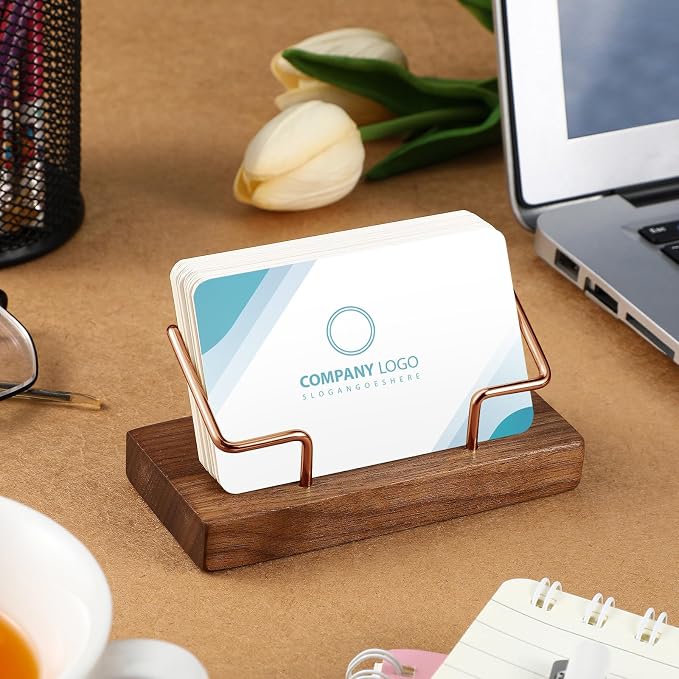 Amyhill 4 Pcs Wood Business Card Holder Display for Desk Metal Wooden Name Card Organizer Business Display Holders for Women Men Office Home Decoration(Rose Gold)