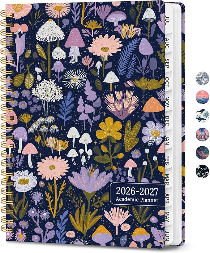 2026–2027 Academic Planner, Weekly and Monthly Planner for Women, July 2026 - June 2027, Pretty Hardcover 2026–2027 Academic Planner with Tabs, Inner Pocket, Spiral Bound, Perfect Office Home School Supplies - 6.3" x 8.5", Mushroom Garden