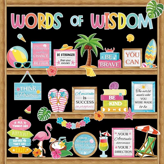 Mooliwe 57 Pcs Summer Bulletin Board Set Tropical Hawaii Inspirational Classroom Decoration Plant Surfboard Cutout for School Office Chalkboard Door Wall Decor