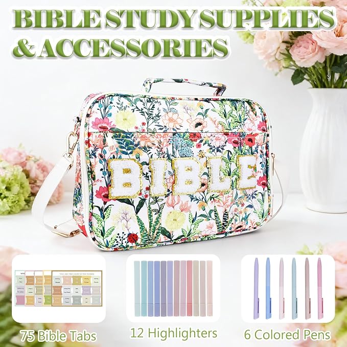 Large Bible Cover Case for Women, 12 x 9 x 2.5 Inch Letter Bible Bag with Shoulder Strap Carrying Bag with Tabs 6 Colored Pens 12 Highlighters, Back to School Study Supplies Christian Church Gifts