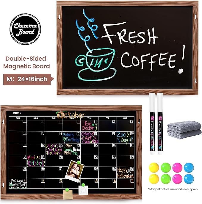 2-in-1 Double-Sided Magnetic Chalkboard 24"x16", Chalk Calendar Board & Large Blackboard for Kitchen & Home Decor, Schedule, Menu, Back-to-School Gift - Hanging Chalk Board with 2 Liquid Pens, Brown