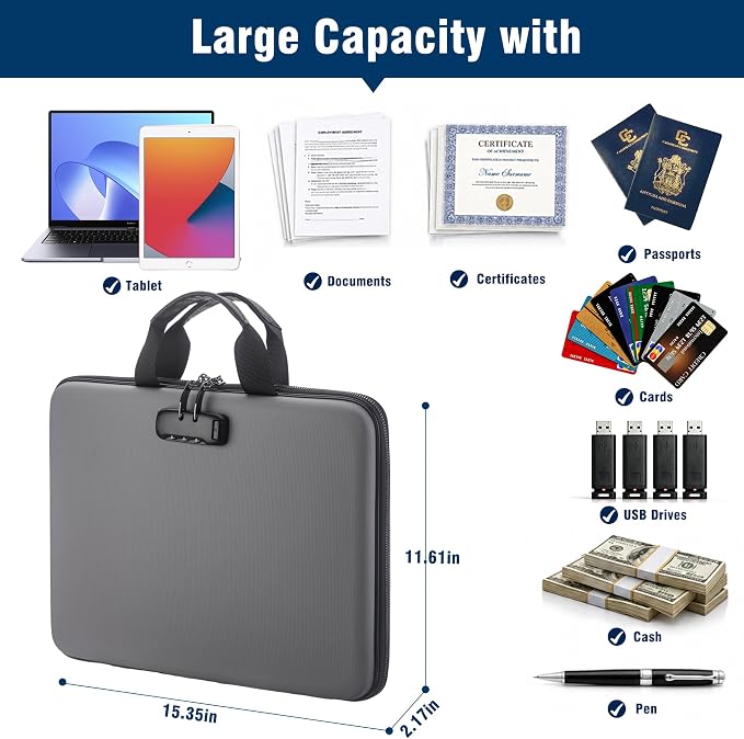Fireproof Document Box with Lock, Hard-Shell Case Fireproof File Organizer with 13 Pocket Accordion File Folder, Portable Home Office Travel Safe Storage for Important Documents Laptop