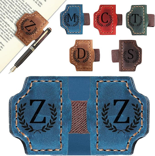 Custom Magnetic Bookmarks with Pen Holder, Personalized 26 Letters Name Initial Leather Bookmark, Leather Book Mark for Men Women Teachers, Readers Book Lovers Gifts (Blue, Z)