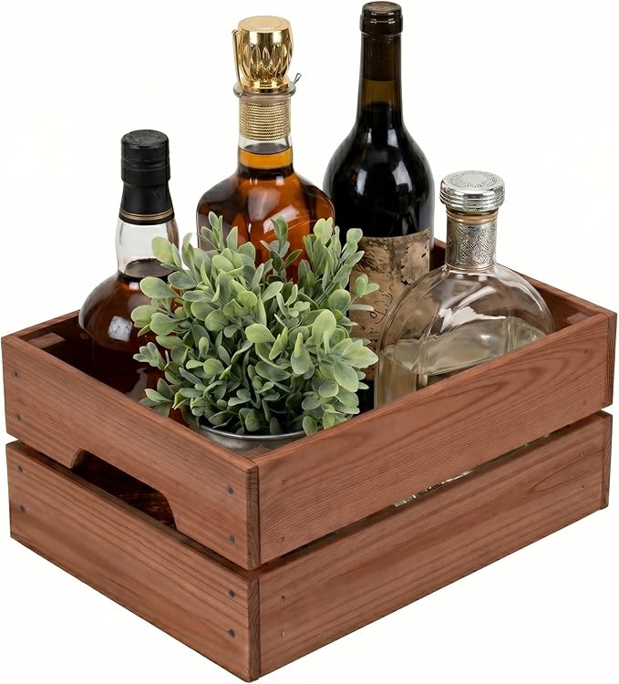 WOPITUES Wooden Crate,Wood Crates for Storage,Stackable Storage Bins and Pantry Organizers with Handles,Pantry Baskets,Wooden Box for Pantry,Kitchen,Garden,Garage,Display, Rustic Brown