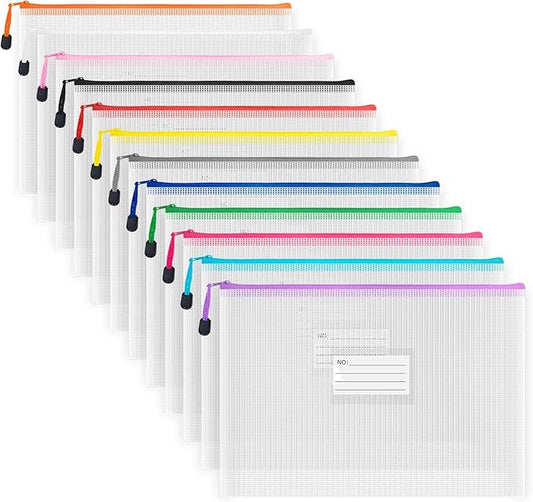 Plastic Mesh Zipper Pouch, 12 Pcs Zipper File Bags with Label Pocket, Game Boards Storage Bags, Waterproof Document Storage Bags for Office Home Travel Cosmetic (A4 Size 13.4 x 9.4 in)