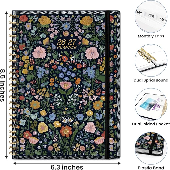 Planner 2026-2027, Monthly and Weekly Academic Planner July 2026 - June 2027, Hardcover Student Teacher Planning Agenda Calendar Book with Tabs, Perfect for Office School Supplies, A5 (6.3" x 8.5") - Garden of Whimsy