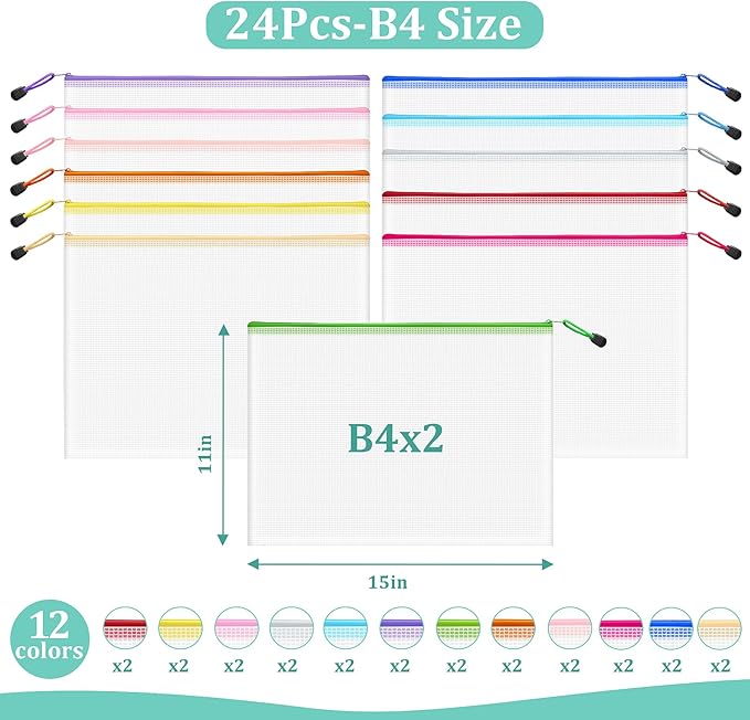 24pcs Mesh Zipper Pouch Bags, B4 Sizes Zipper Pouch, Mesh Bags with Zipper, Plastic Zipper Pouches, 12 Colors Zipper Pouches for Organizing, Puzzles, Travel, School Office Storage