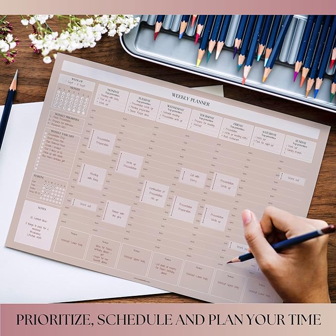 Weekly Hourly Planner Notepad, Daily Planner Desk Pad, Weekly Schedule, To Do List Note Pad, ADHD Planner | 50 Undated Tear Away Sheets | A4 (Lux)