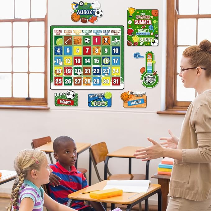 Cholemy 85 Pcs Calendar Bulletin Board Set Classroom Calendar Bulletin Board with Numbers Month Weather Classroom Decoration Wall Decor for Chalkboard Back to School Supplies(Sports)
