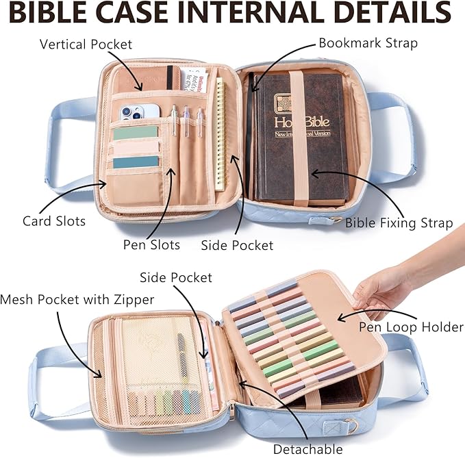 Bible Cover Case for Women, Large Bible Bag Bible Study Supplies Accessories Journaling Kit with Highlighters Tabs, Quilted Book Carrying Cases with Shoulder Strap, Christian Easter Gifts for Women