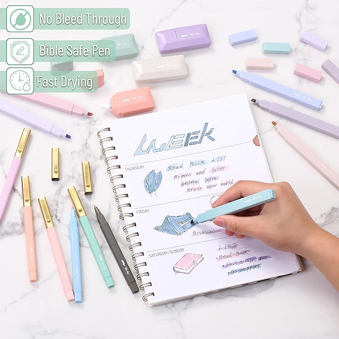 Mr. Pen- Aesthetic Highlighters and Ballpoint Pens No Bleed, 17 Pack, Aesthetic Correction Tapes, Bible Highlighters and Pens No Bleed, Fast Dry and No Smear for Bible Journaling, School Supplies