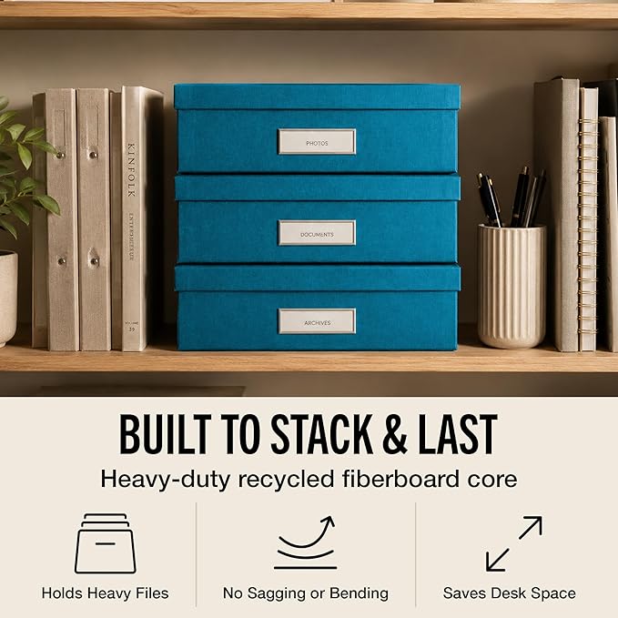 Bigso Oskar Fiberboard Label Frame Document Letter Box - File Organizer Box for Important Paperwork - Document Storage with a Lid & Metal Label Window - 3.3 in x 10.2 in x 13.8 in - Turquoise