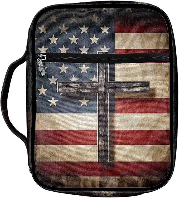 Suobstales American Flag Cross Print Bible Cover Bible Case for Women Men Lightweight Carrying Book Cover Church Bag Bible Protective Bag with Handle and Zippered Pocket