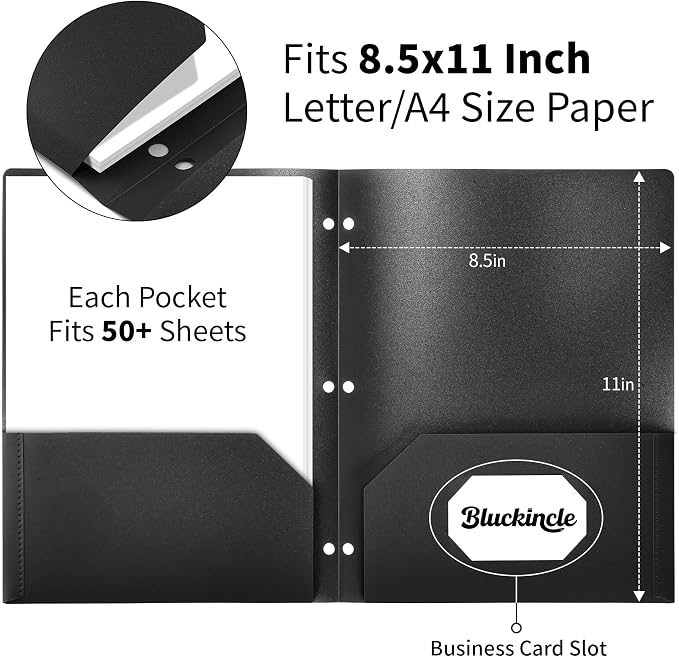 Plastic Folders with Pockets 3 Hole Punched, Pocket Folders for 3 Ring Binder, 6 Pack Black File Folder for School, Office, Documents, 2 Pocket Blinder Folder with Holes and Business Card Holder